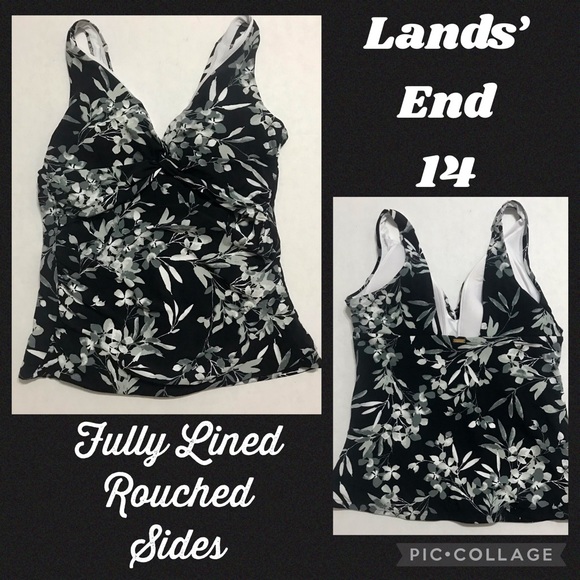 Lands End 14 black gray white floral tankini top